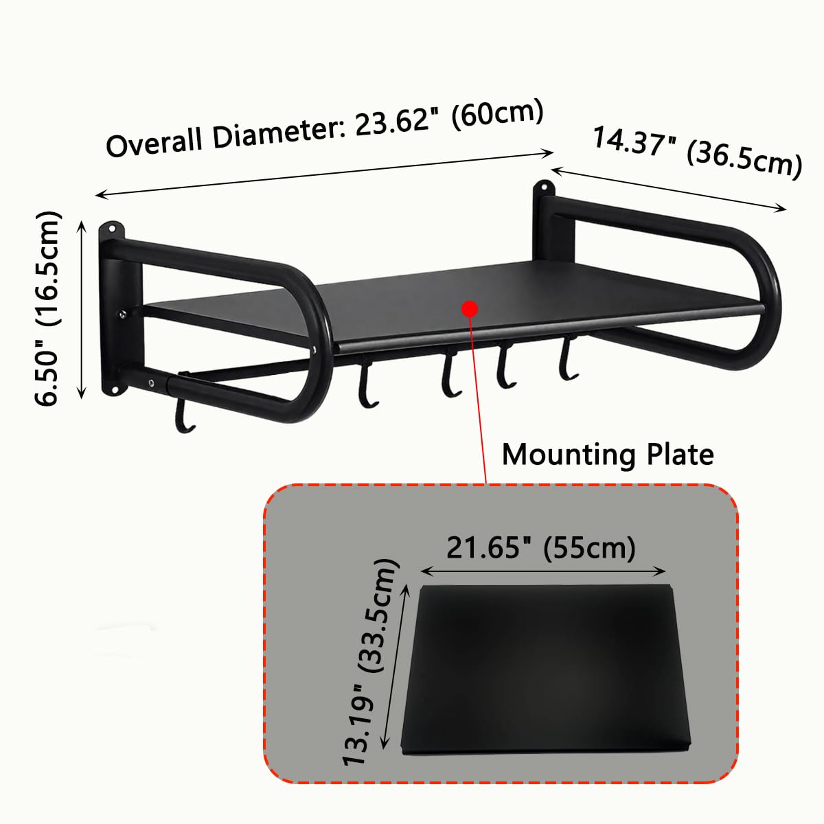 FunFlare Microwave Shelf Wall Mount,Microwave Wall Shelf with 5 Hooks and 2 Guardrails Wall-Mounted, For Small Microwave to Load Capacity 30kg for Home Kitchen Laundry and Living Room