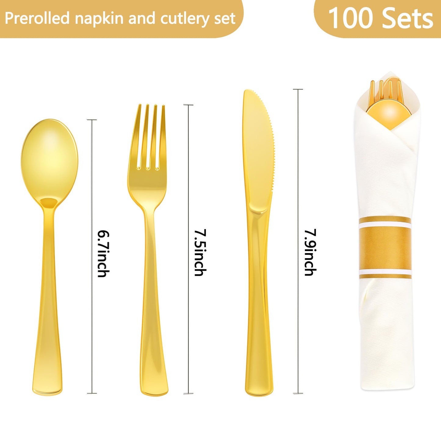 Dlebay 100 Pack Pre Rolled Gold Plastic Silverware Set,Wrapped Plastic Cutlery Set with Napkin Include 100 Forks,100 Spoons,100 Knives and 100 White Napkins for Party, Wedding,showers, Christmas