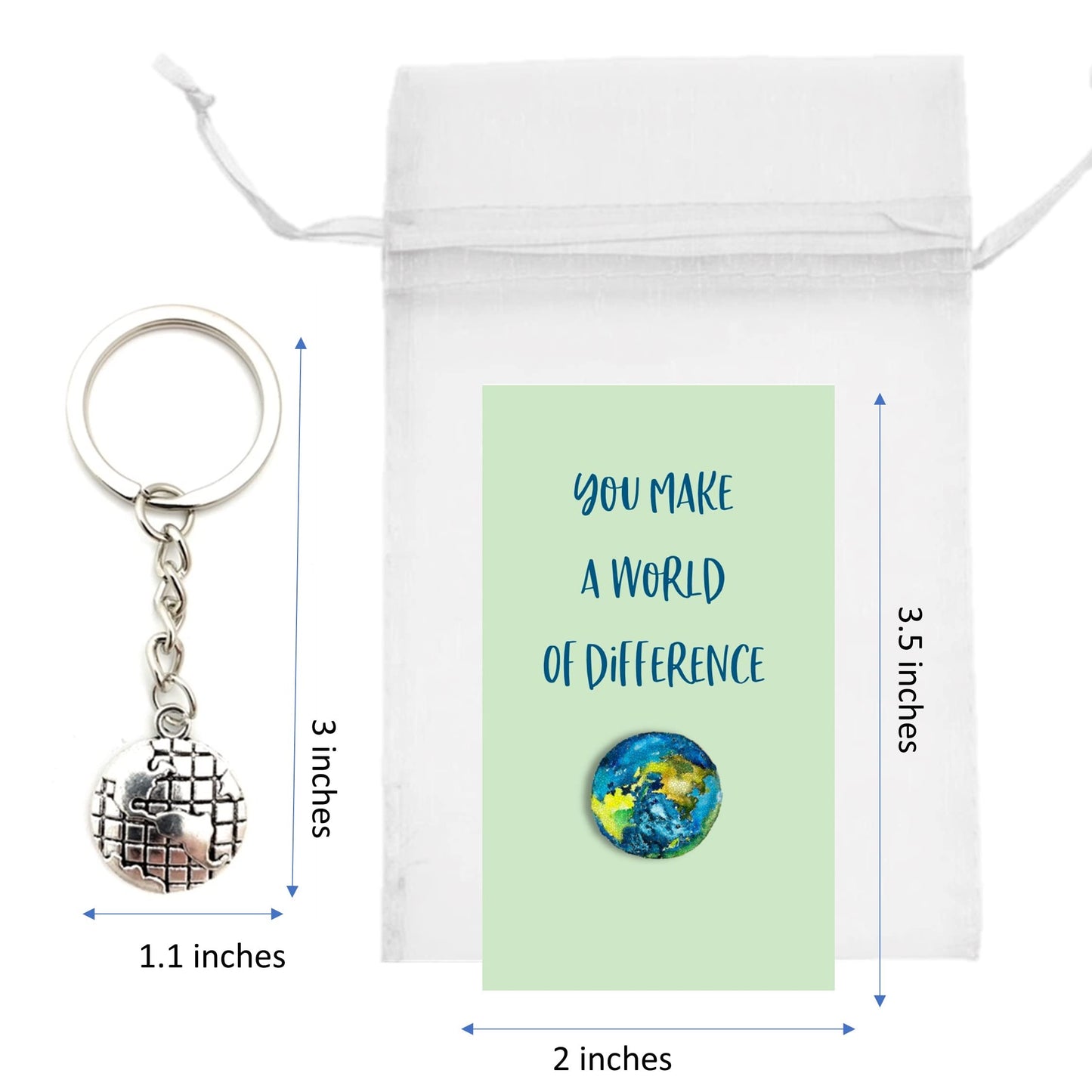 Smiling Wisdom - 20 Bulk Gifts - You Make A World of Difference - Staff Employee Appreciation 3.5x2in Cards & Keepsake Gifts - 60pcs - Silver World Keychains