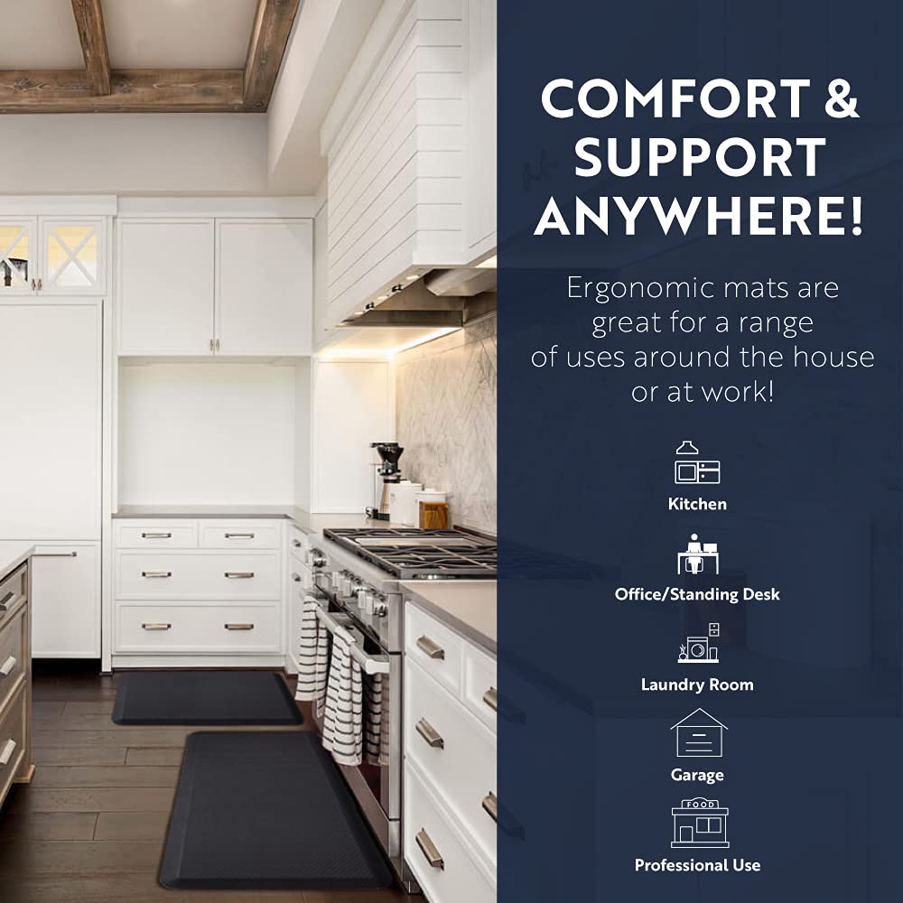 KANGAROO Thick Ergonomic Anti Fatigue Mats for Kitchen Floor, 48x20, Cushioned Standing Office Desk Mat, Waterproof Scratch Resistant Topside, Supportive All Day Comfort Padded Foam Rugs, Black