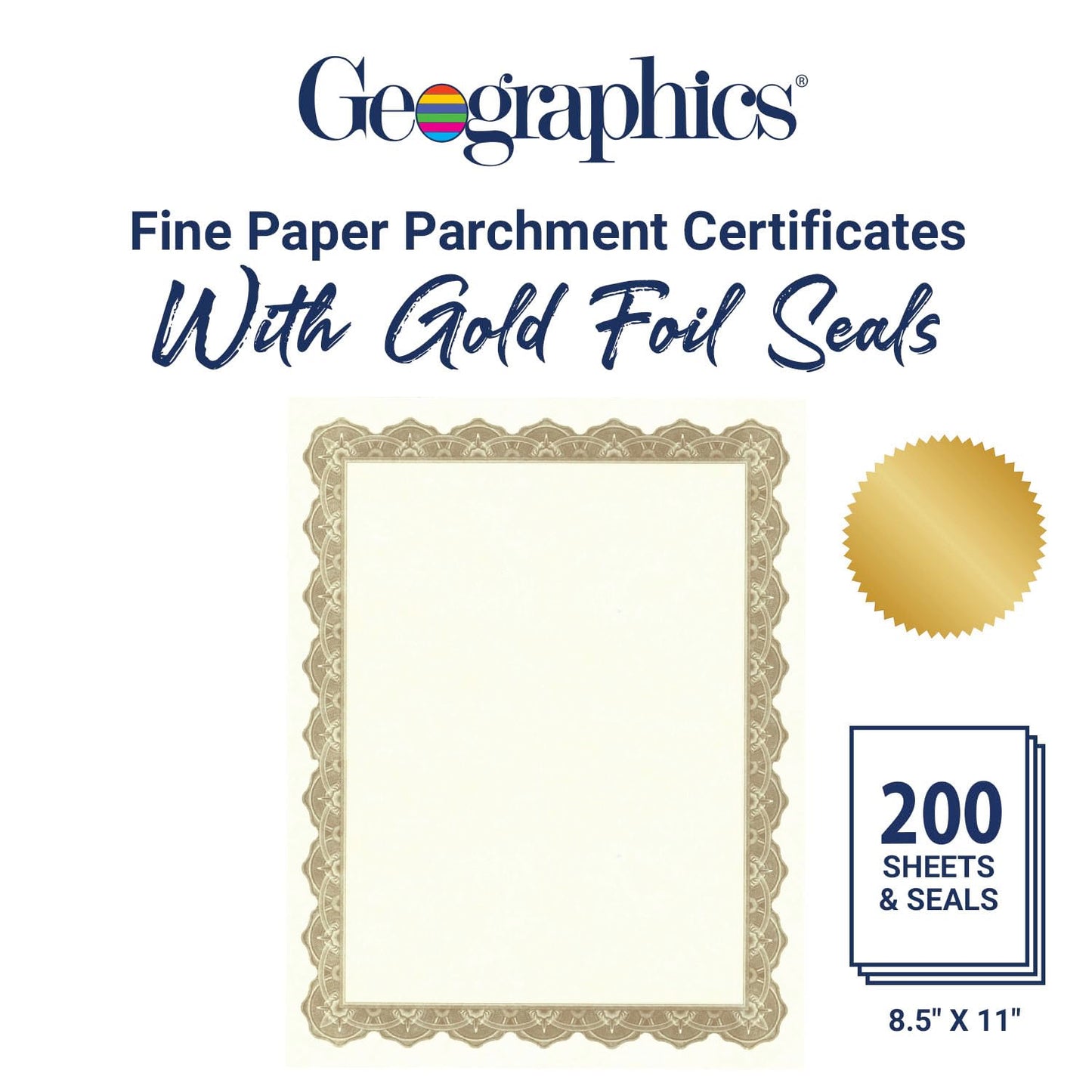 Geographics Optima Gold Blank Award Certificate Paper with Gold Foil Seals, 8.5 x 11, Seal 1.75" (Pack of 200)