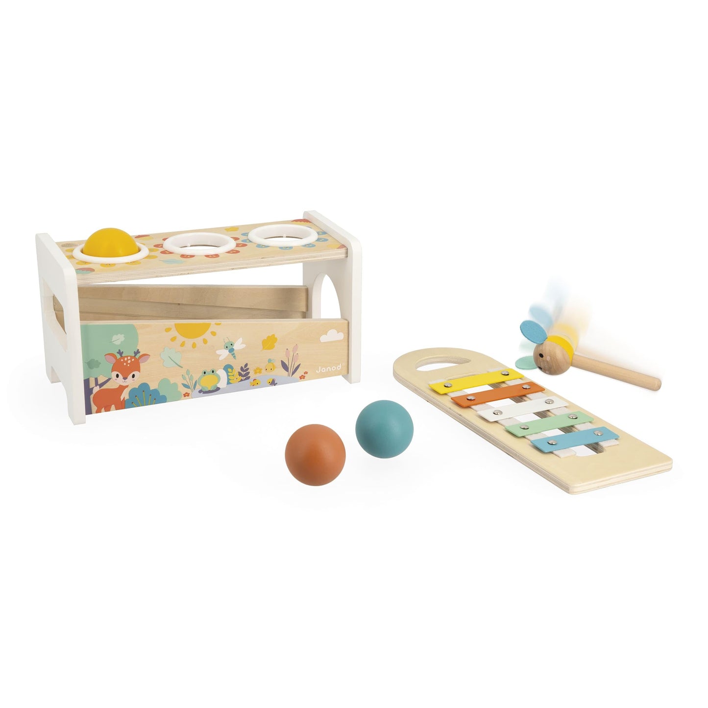 Janod Pure Tap Pastel Wooden Xylophone Pounding Bench with Cherry Wood Balls & Bee Shaped Hammer for Ages 12+ Months (J05155)