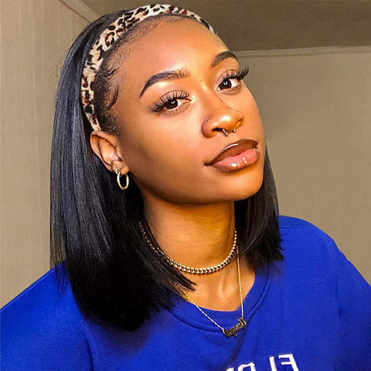 AISI Bob Headband Wig Human Hair Short Straight Headband Wigs Remy Hair Easy Wear and Go Glueless Wigs Bob Headband Wigs for Women Black Color(150% Density 12Inch)