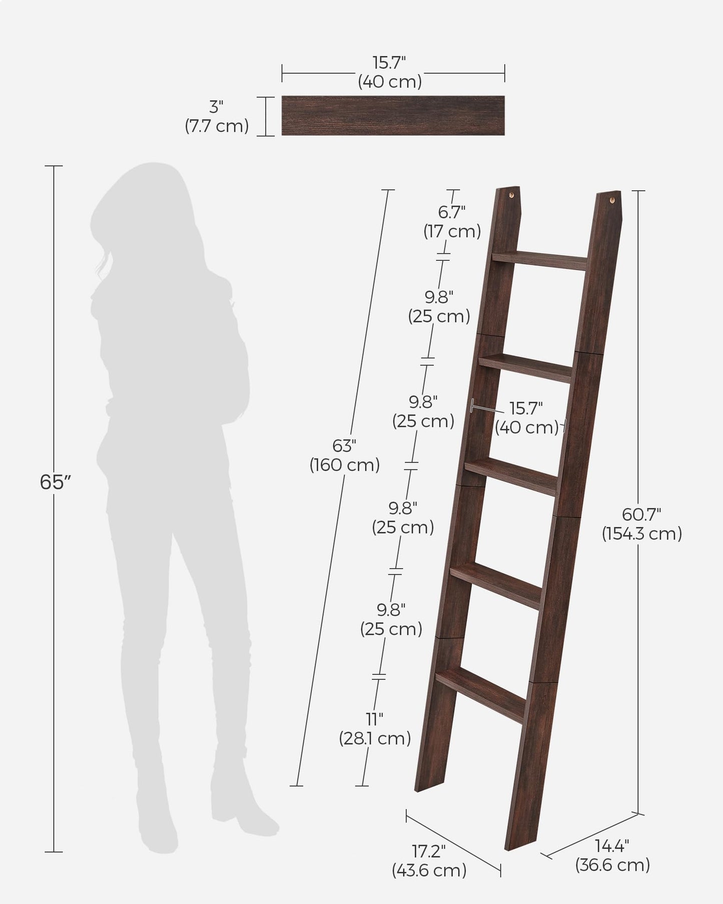 VASAGLE Blanket Ladder Decorative Farmhouse for The Living Room, 5-Tier Ladder Shelf, Ladder Rack for Storage and Decor, Maroon Brown ULLS018T51