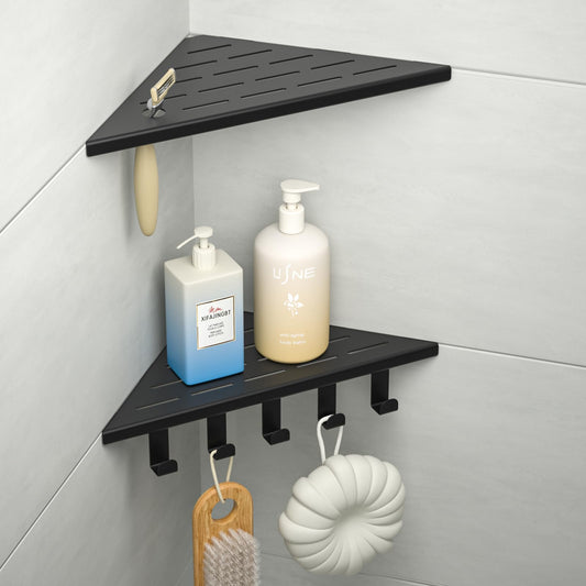 Bernkot 10'' Corner Shower Shelf, 304 Stainless Steel Shelves for Bathroom, Grout in Shelf with Hooks for Tiled Wall (Matte Black)