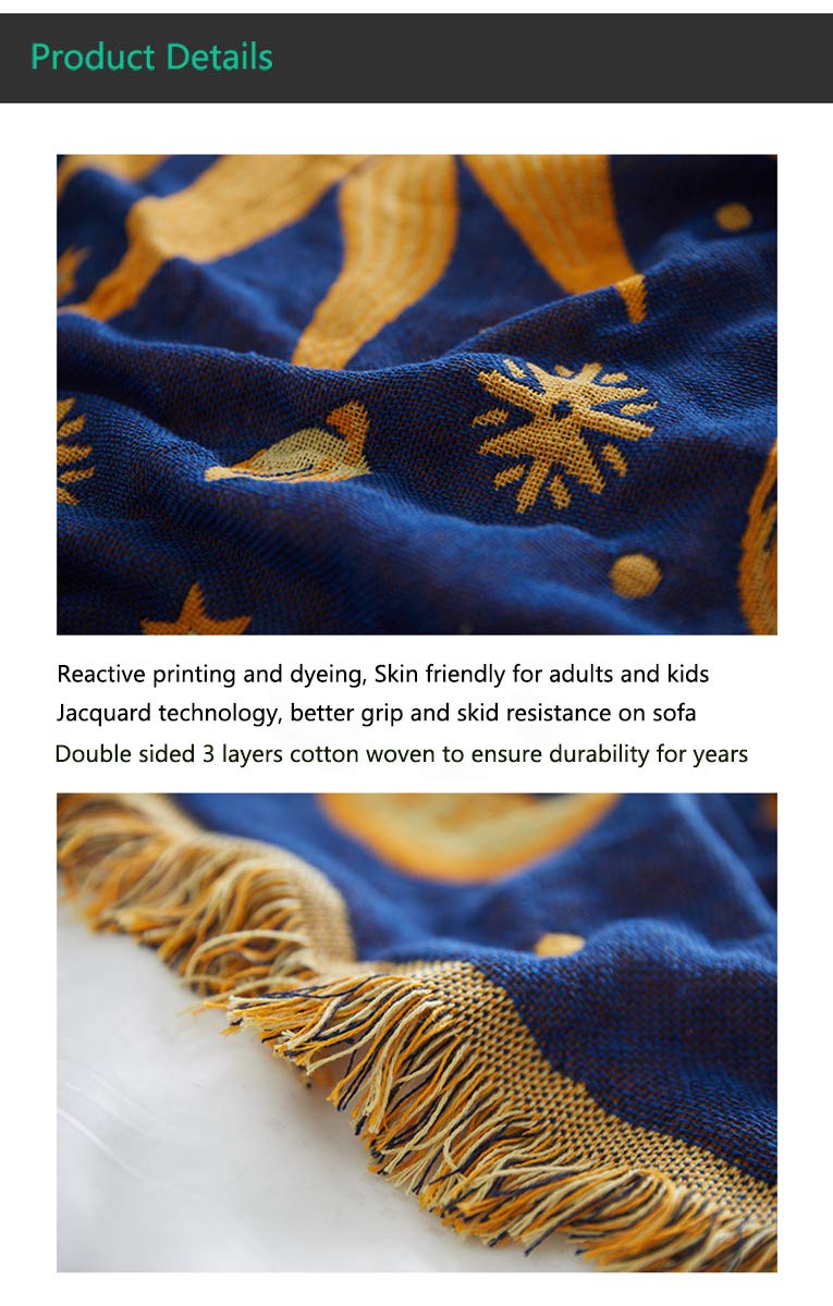 Erke 70" x 90" Sun and Moon Blanket Celestial Couch Sheet Cover Witchy Hippy Home Decoration, Double Sided Cotton Woven Hippie Throws Wicca Blankets for Couch Bed Recliner Decor - Yellow/Blue