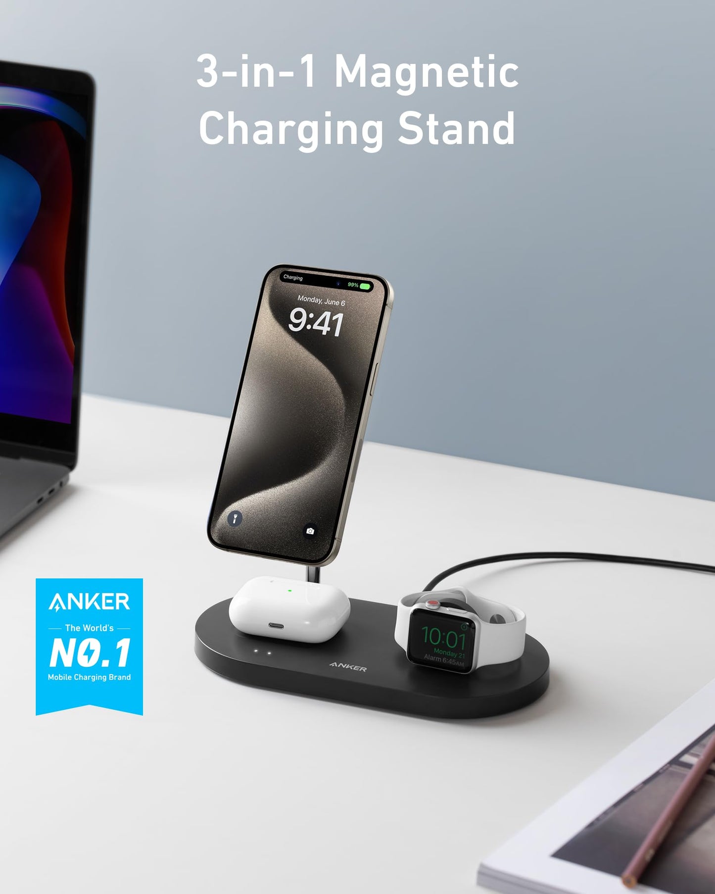 Anker Wireless Charging Station & 20W Charger, 533 Magnetic Wireless Charger (3-in-1 Stand), 5ft USB-C Cable, For iPhone 14 Series, AirPods 3/2/Pro, Apple Watch 1-6 (Watch Cable Not Included)