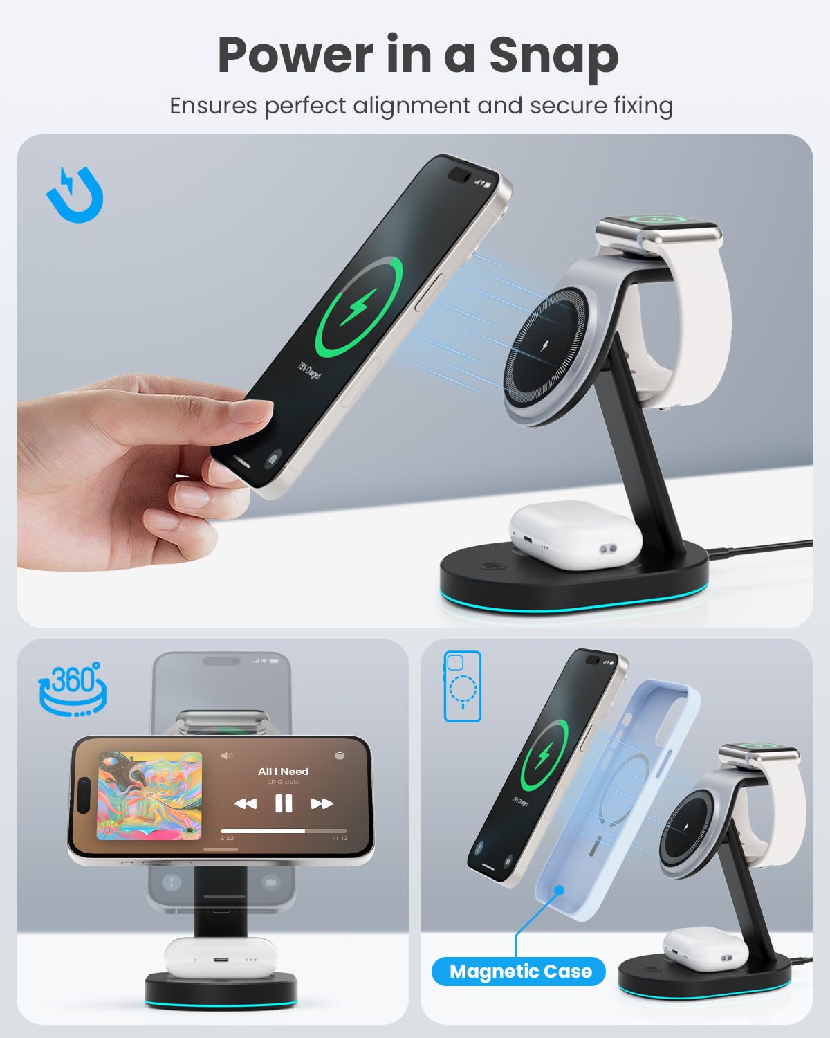 4 in 1 Wireless Charger Charging Station for iPhone,Qi2 Certified 15W Magnetic Charging Stand for Mag-Safe with 30W USB C Adapter&Friendly Night Light for iPhone 16/15/14/13/12,Apple Watch,AirPods