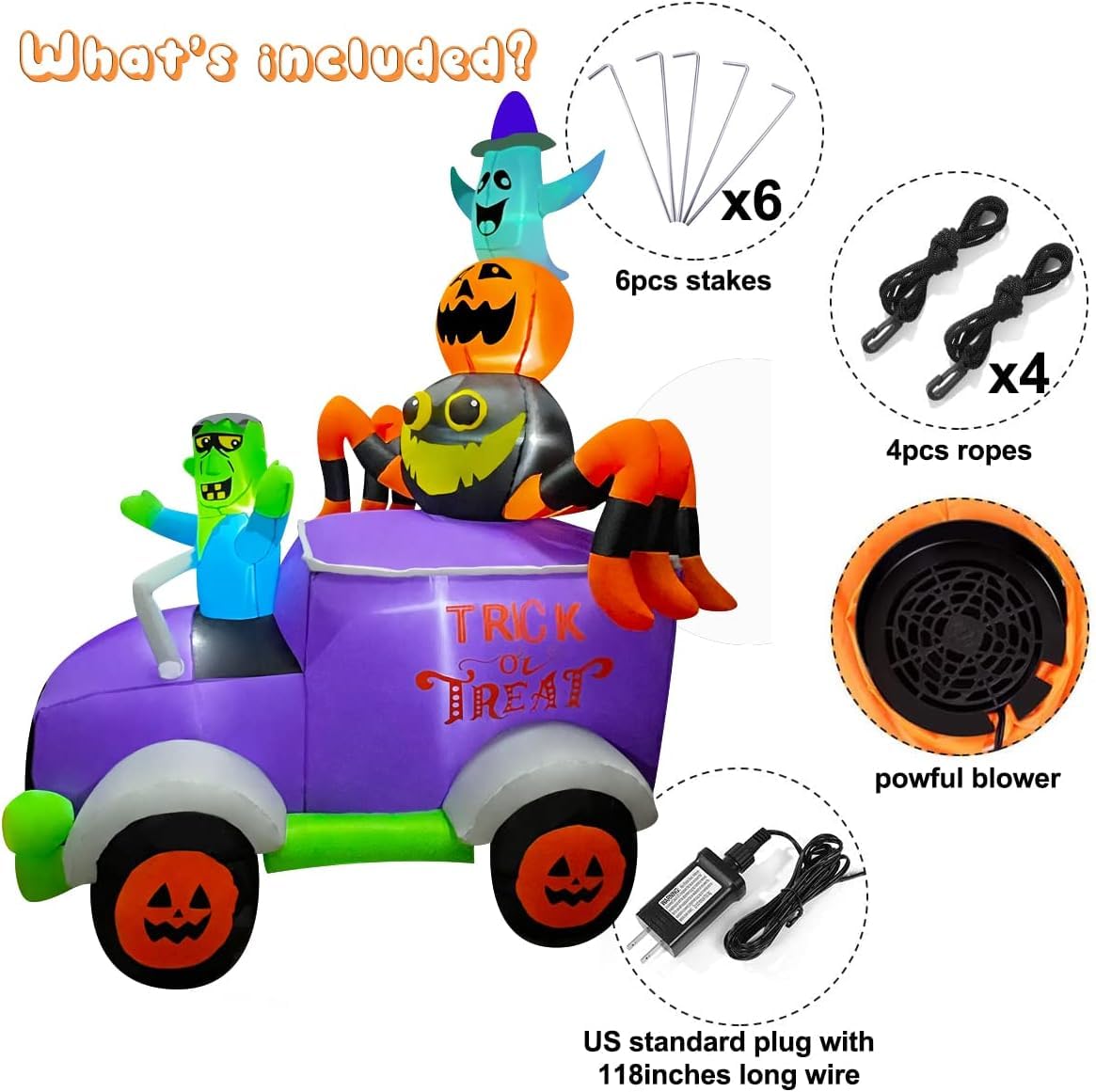BLOWOUT FUN 8ft Halloween Inflatable Horror Frankenstein Driving A Car with Spider, Pumpkin and Ghost, LED Blow Up Lighted Decor Indoor Outdoor Holiday Art Decorations