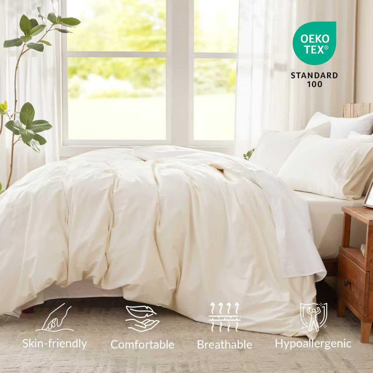 DCSKY Cotton Duvet Cover Queen,100% Egyptian Cotton 1600 Thread Count, Soft, Breathable, Skin-Friendly, Moisture-Wicking Bedding Set with Zipper Closure & Corner Ties(Cream White, 90''x90''