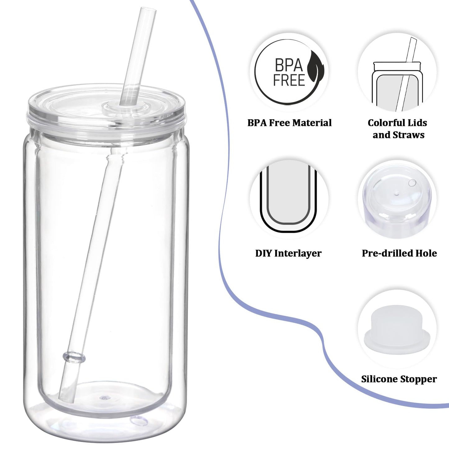 Tswofia 12 Pack Snow Globe Tumbler with Pre Drilled Hole, 16 Oz Double Wall Plastic Can with Lid and Straw, Plastic Mason Jar Mug for Snow Globe Glitter DIY Gift (Clear)