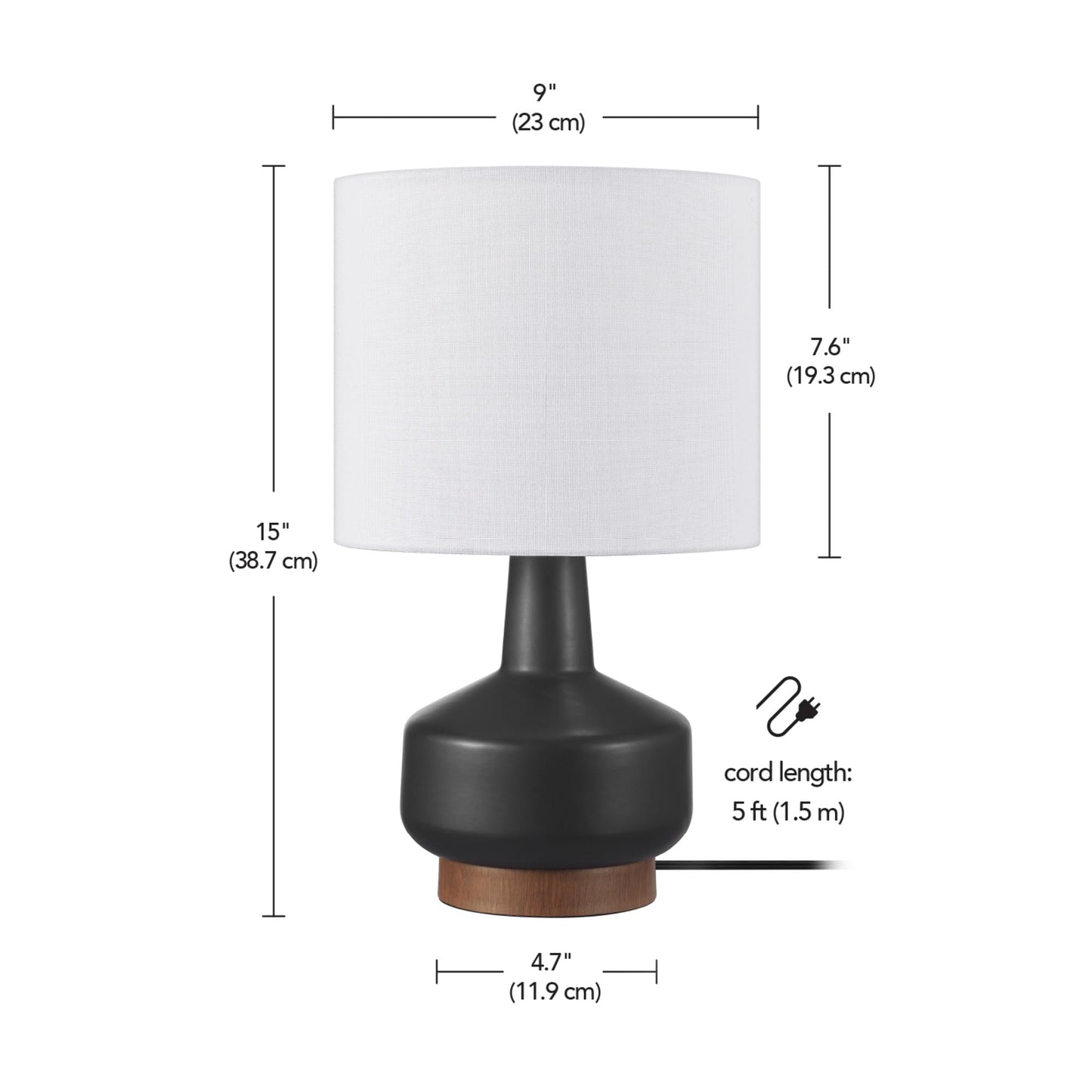 Globe Electric 15" Ceramic Table Lamp, Matte Black Base, Wood-Toned Accent, White Linen Shade, Dual Rotary Switch, Modern Bedroom or Office Lighting, 61000046