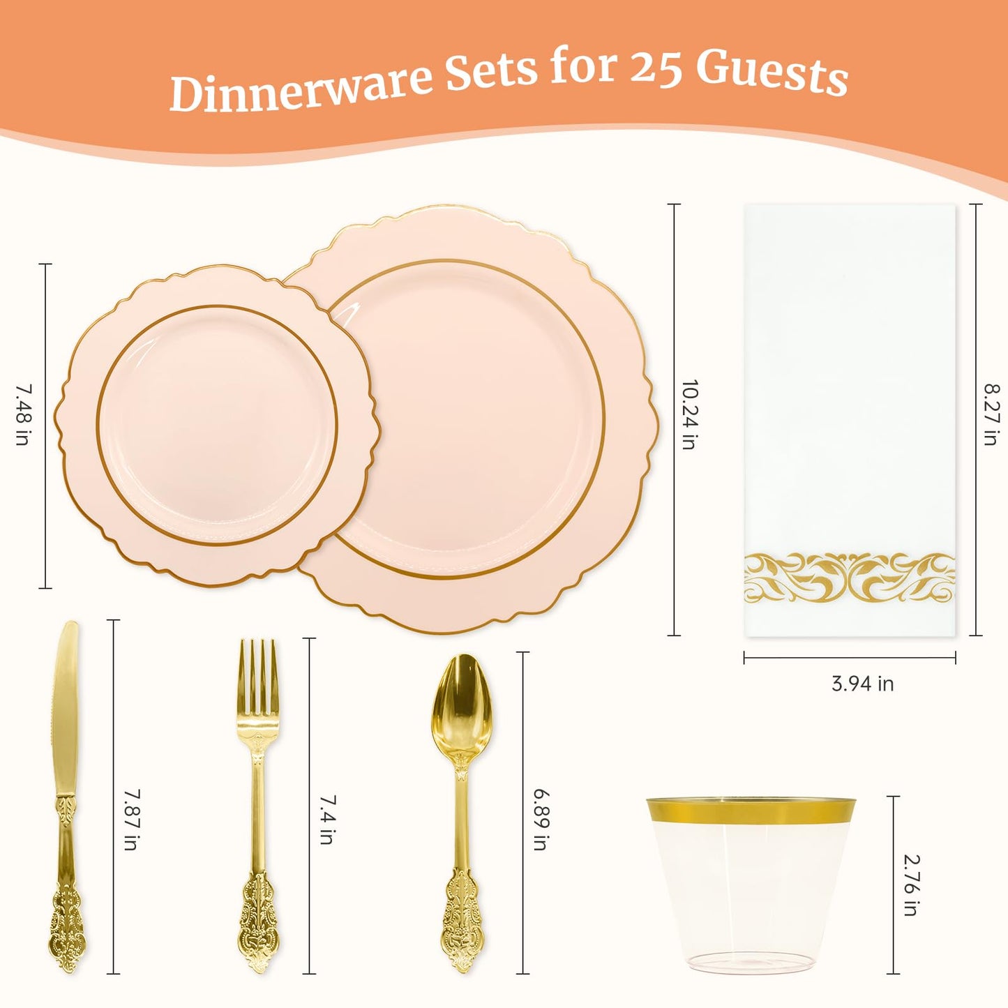 AIRE 175PCS Pink Gold Plastic Plates for Party, Dinnerware Sets for 25 Guests, Disposable Plastic Party Supplies Plates Cups Spoons Forks Knives Napkins for Wedding Birthday Baby Shower BBQ Parties
