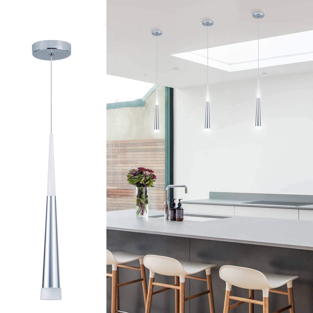 BEWAMF 3 Pack Modern Mini Island Pendant Light with Acrylic Shade LED Adjustable Cone Contemporary Pendant Lighting for Kitchen Island Dining Room Living Room Bar,Warm White 3000K