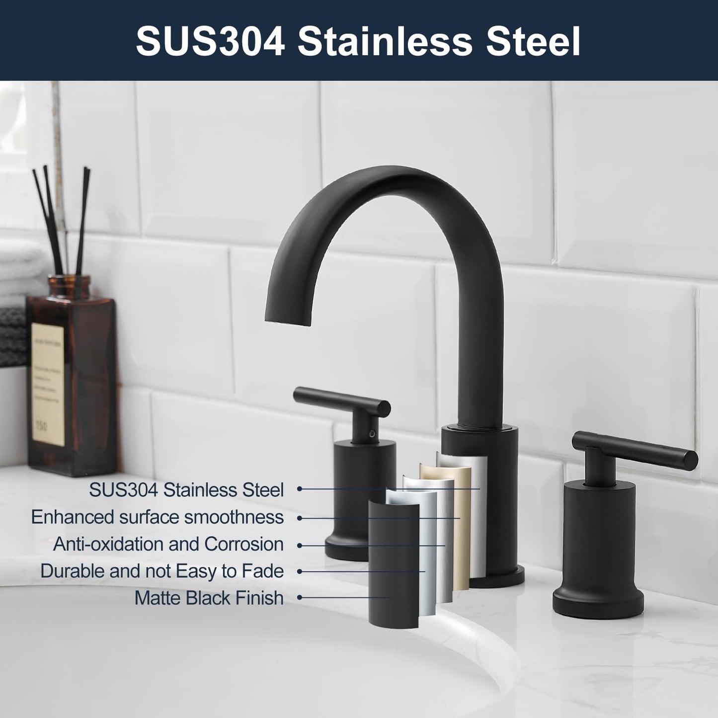 Kroias Matte Black Waterfall Bathroom Faucet 3 Hole, Widespread Two Handle Bathroom Sink Faucet Vanity Faucet, 8 Inch Bathroom Faucets for Sink with cUPC Supply Lines and Pop-Up Drain