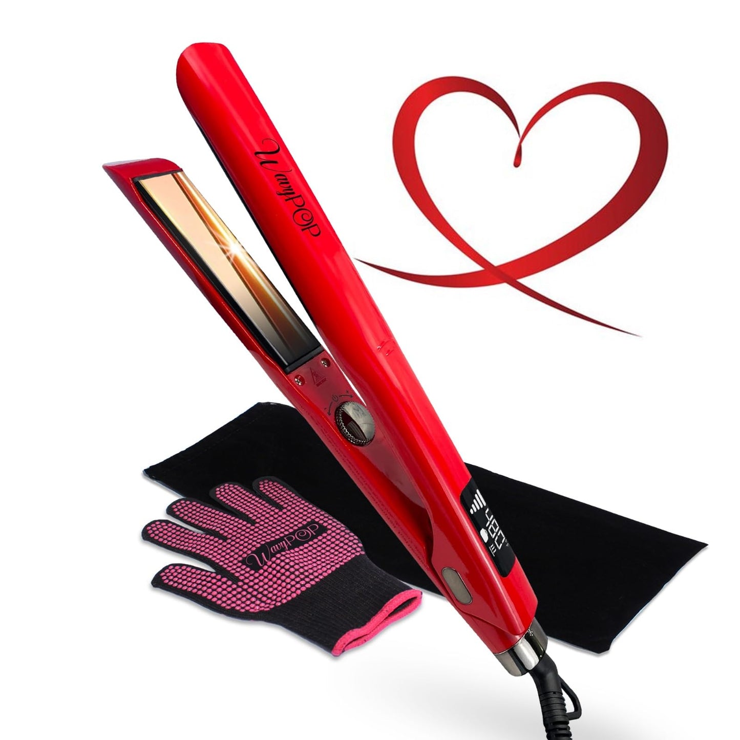 Wavy POP PRO 2 in 1 Titanium Flat Iron Hair Straightener & Curling Wand Red | Professional Straightening Hair Iron with Ceramic MCH Fast Heat, Auto Shut Off | Dual Voltage with Travel Bag
