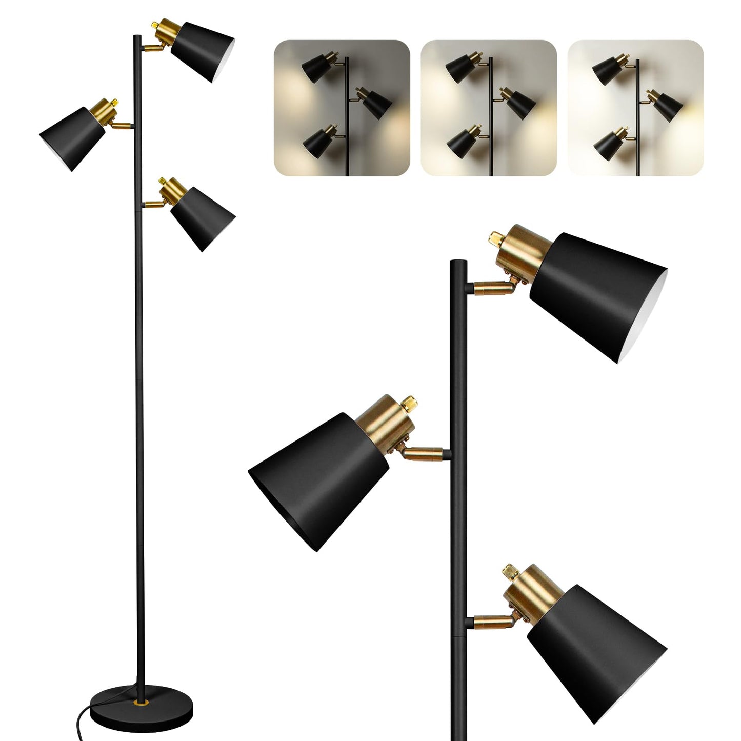 Tree Floor Lamp for Living Room, Industrial 3-Light Standing Lamp with 3 LED Bulbs, Adjustable Rotation Heads, Standing Tall Pole Lamp Farmhouse Rustic Reading Lamps for Bedroom Office (Black Gold)