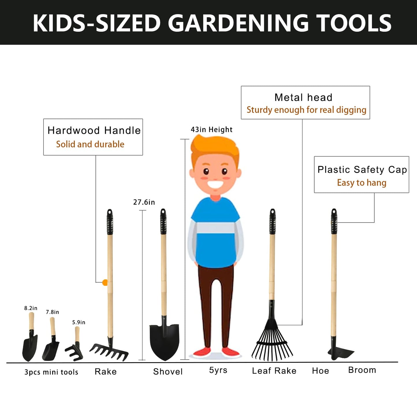 POMIKU Kids Garden Tools, Rake and Shovel Set, 7 Pieces Gardening Tools for Yard, Beach, Camping Play, Outside Toys for Kids Ages 3 up Gift