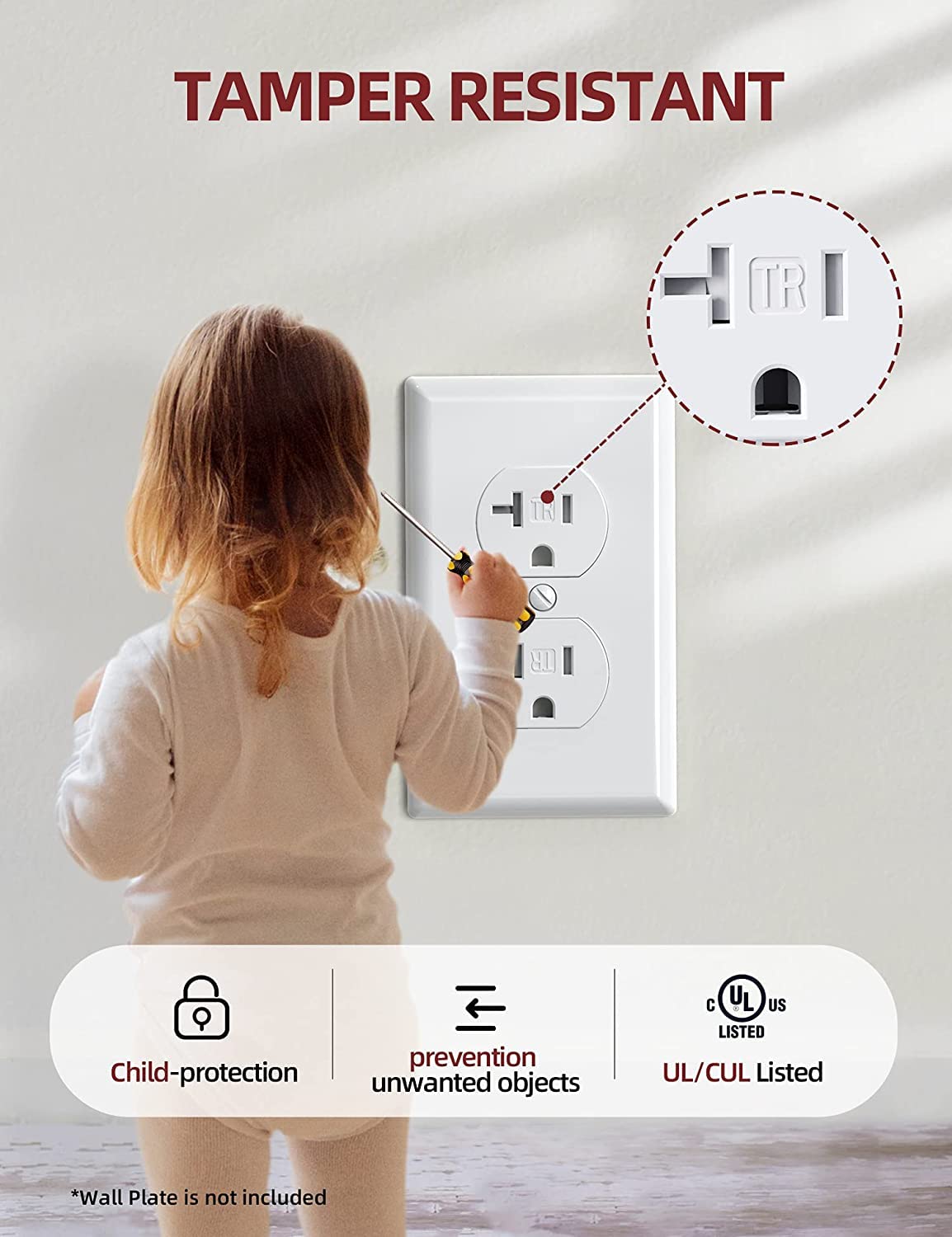 AIDA 20 amp Outlet Duplex Electrical Receptacle Outlets,Tamper Resistant,Heavy-Duty Receptacle Wall Outlet,Residential,TR,3-Wire, Self-Grounding Clip, NEMA 5-20R,UL Listed 50 Pack, White