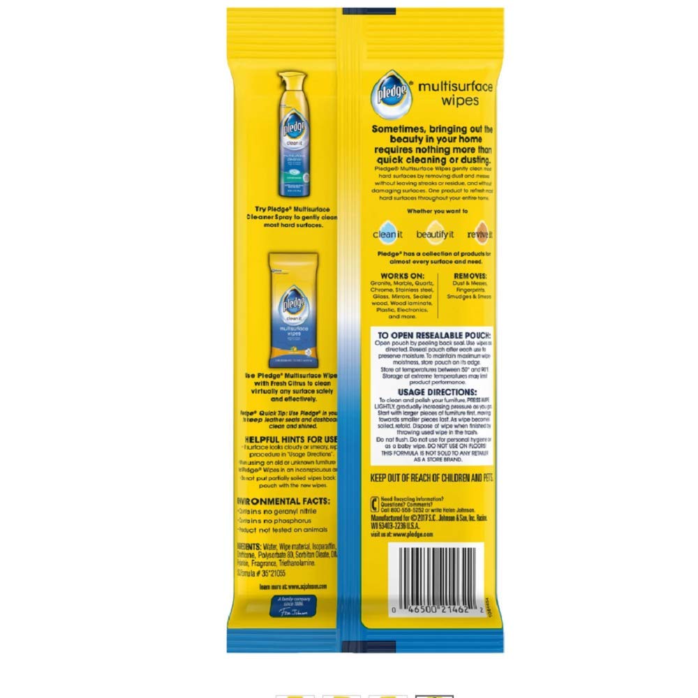 Pledge Multisurface Wipes, Fresh Citrus. 25 Wipes Per Pack (5 Pack)