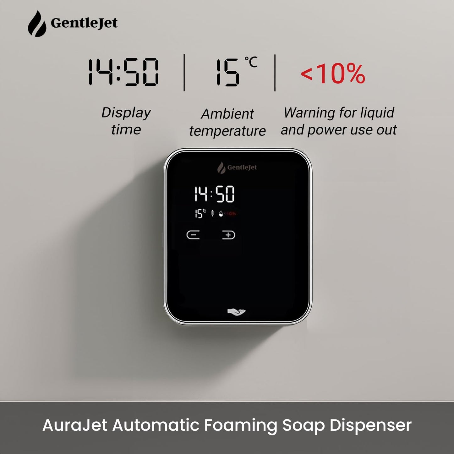 GentleJet AuraJet Automatic Foaming Soap Dispenser, LED Display, Aluminum Alloy Body, 5 Foam Levels Adjustable, USB-C or Battery Powered, 16.2 oz Automatic Soap Dispenser Touchless Wall Mount