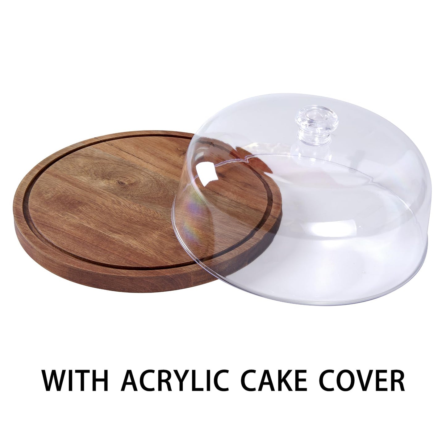 LiTY Cake Stand with Lid, Acacia Wood 12in Round Cake Holder, 2-in-1 Dessert Table Display Set & Charcuterie Board for Cheese, Chips & Dips, Nachos, Fruit Platter, Large Acrylic Cake Dome Cover