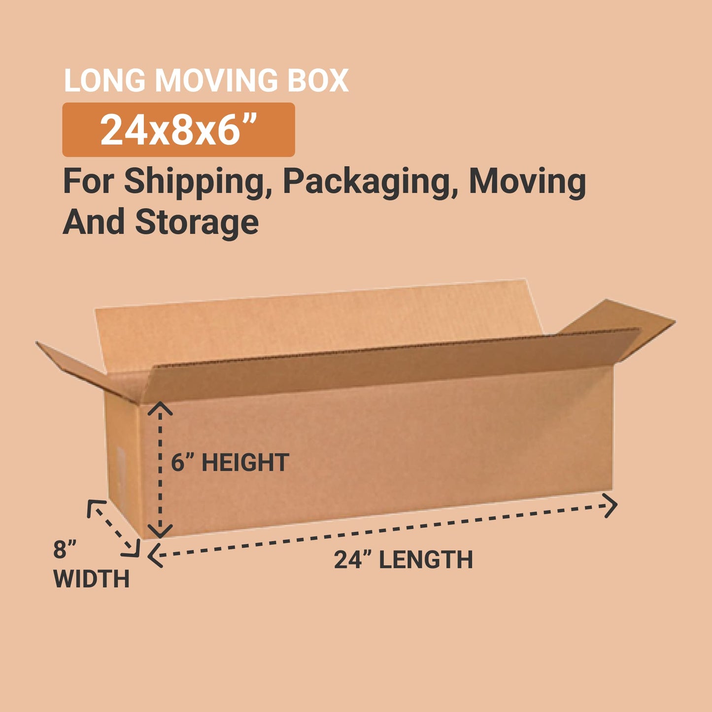 BOX USA 2486 Long Corrugated Cardboard Box 24" L x 8" W x 6" H, Kraft, For Shipping, Packing and Moving (Pack of 25)