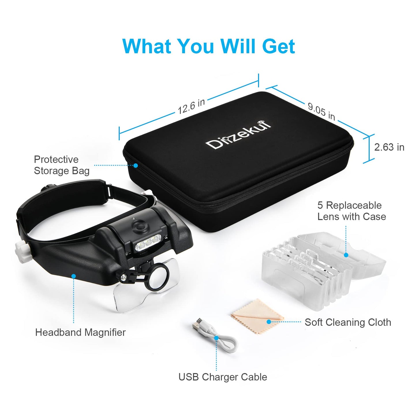 Dilzekui Magnifying Glass with Light 1X to 14X, Rechargeable Magnifying Glasses, Head Mount Manifying Glass, Headset Magnifier with Detachable Lens, Headband Magnifier for Close Work Jewelers Crafts