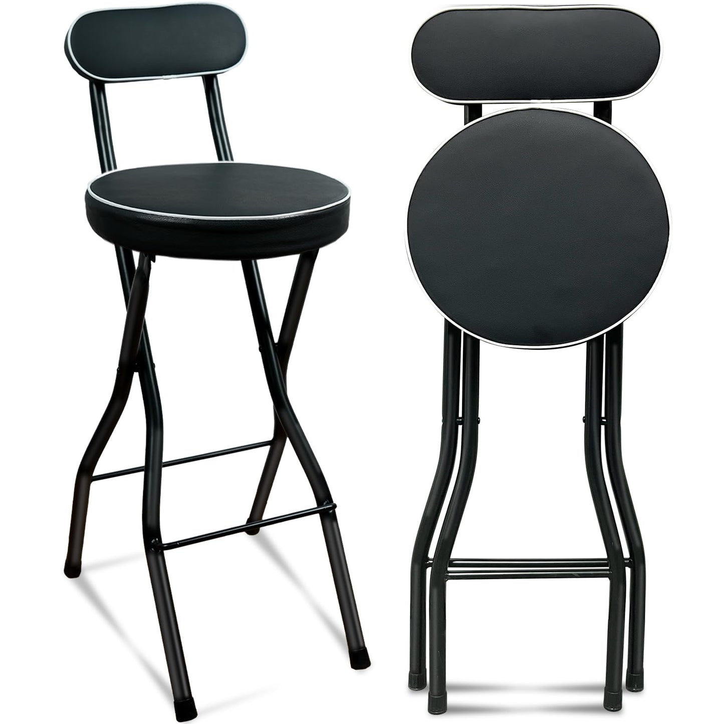 UWEAR 1 PCS Folding Bar Stool with Back, Tall Foldable Stool Seat Padded Portable Stools Counter Height Foldable Stools Chairs Collapsible Stool for Adults Kitchen Island (Black)