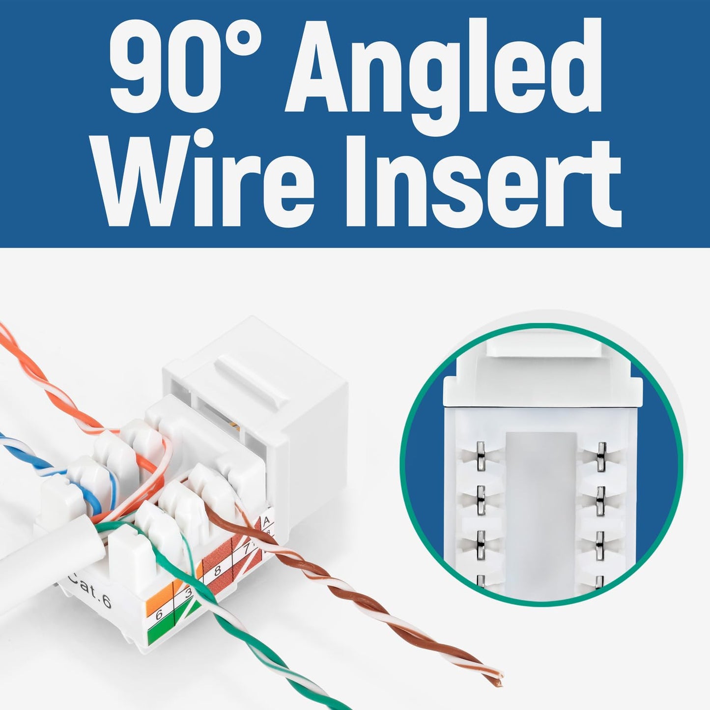 Everest 90° Angled Cat6 Keystone Jacks 50-Pack in White - Slim Profile Female RJ45 Connectors - RJ45 Keystone Jack - Ethernet Wall Jack - Cat 6 Keystone Jack - Cat 6 Wall Jack - Cat 6 Jack