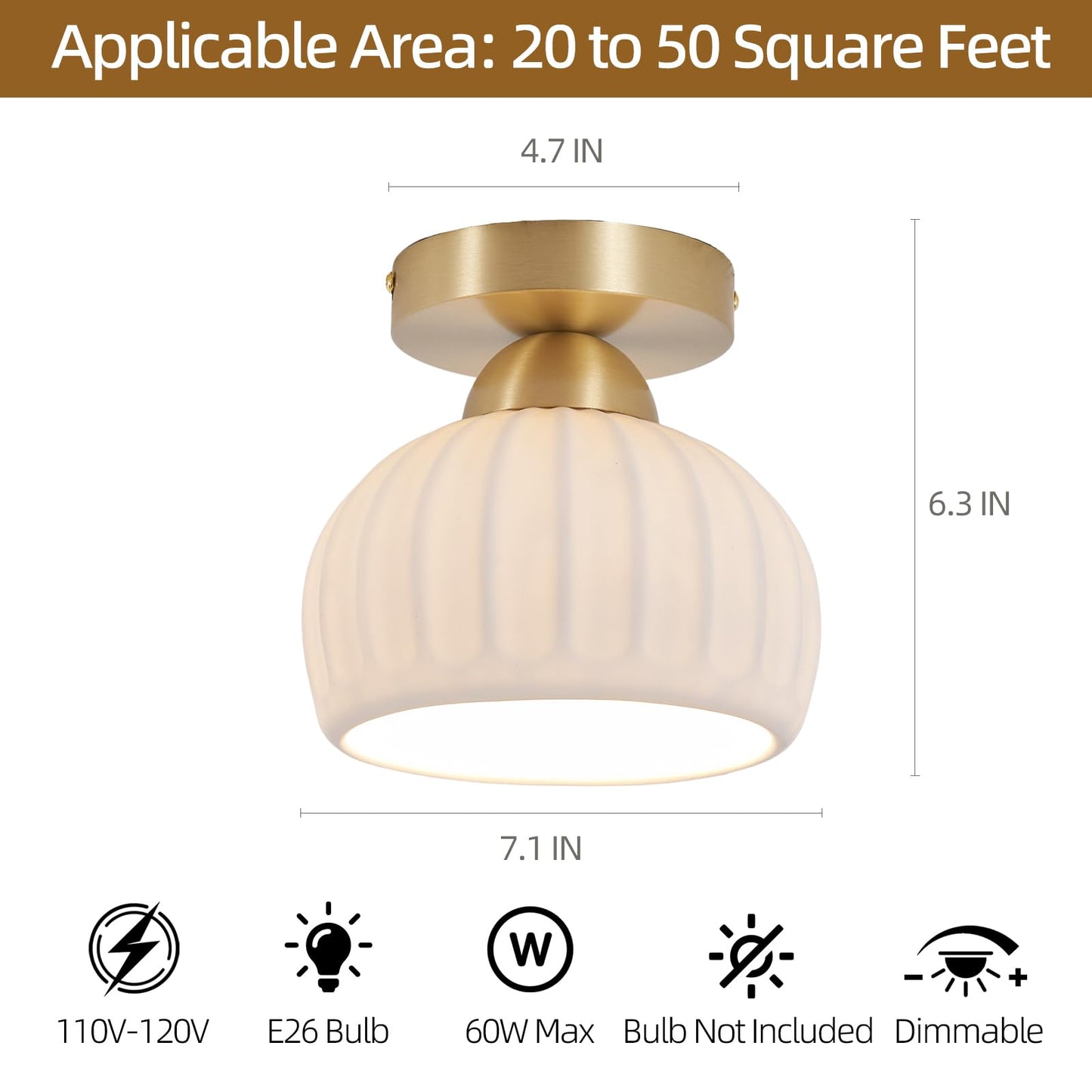 Fetason 2 Pack Ceramic Brass Semi Flush Mount Ceiling Light Vintage Hallway Light Fixtures, Modern Small Ceiling Mount Light Lamp for Hall Kitchen Entryway Passway Porch Foyer