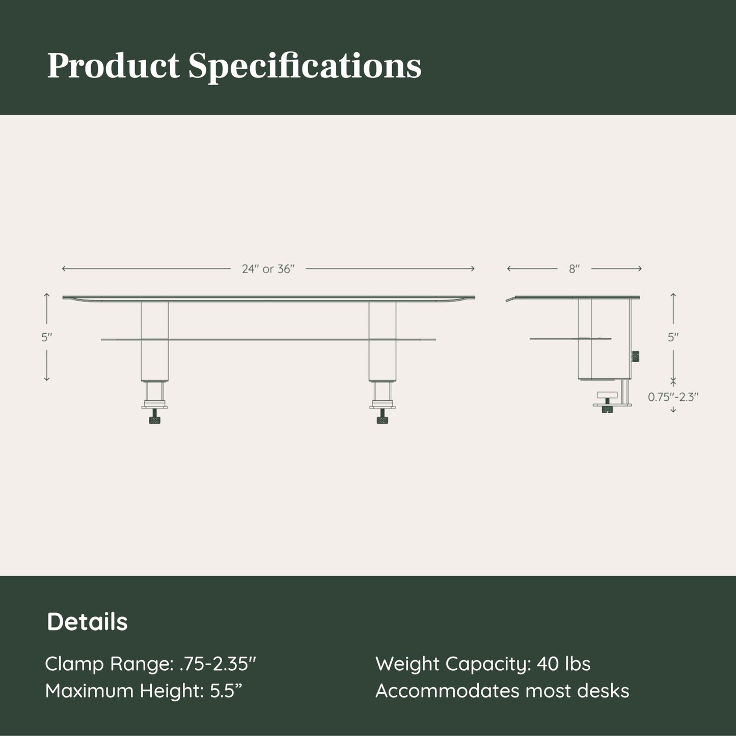 Branch Monitor Stand - Elegant, Durable Powder-Coated Steel Stand with Soft Felt Liner - Large Monitor Riser Second Tier Storage - Installs with a Universal Clamp for Ergonomic Workspace - White