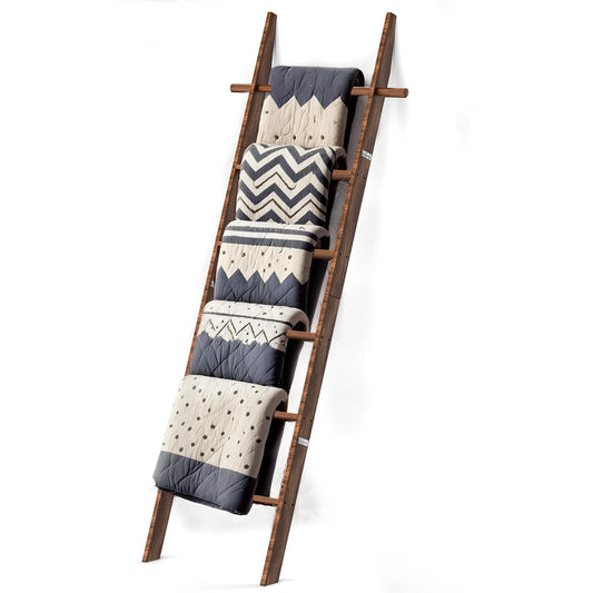 chilinii Farmhouse Wooden Blanket Ladder with Removable Hooks, 6-Tier Rustic Blanket Rack Decorative Stand, Leaning Towel Quilt Rack Holder for Bathroom Living Room Decor Brown