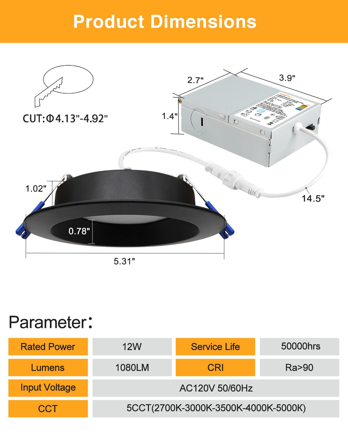 Adetu 4 Inch Anti-Glare LED Downlight,Dimmable Ceiling Light with 5CCT Reset,Selectable from 2700K to 5000K - 12W 1080LM, ETL Certified (Black, 6 Pack Round)