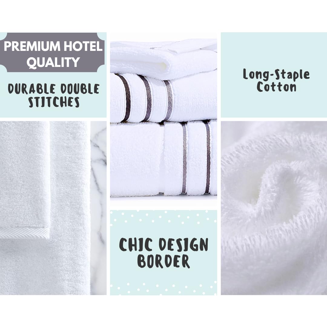 Bath Towels Set for Bathroom – Luxury 6-Piece Cotton Towels, Soft Absorbent & Quick Dry, 600 GSM Bath Towels for Bathroom, Hotel Spa Quality (2 Bath, 2 Hand, 2 Washcloths, White Taupe Brown Stripe)