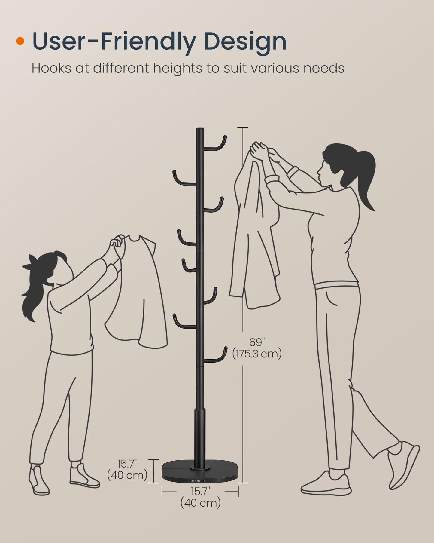 SONGMICS HOME Cactus-Shaped Coat Rack, Freestanding Coat Tree, Coat Hanger Stand with 8 Sturdy Hooks, with Curved Ends, for Clothes, Hats, Bags, Ink Black URCR039B01