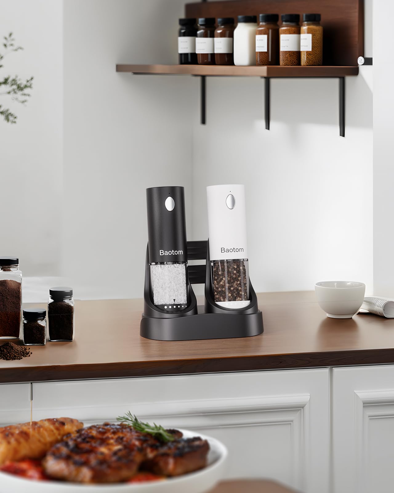 Baotom Electric Salt and Pepper Grinder Set with Dual Charging Base, 6 Adjustable Coarseness Levels & External Grind Settings, One-handed Operation Salt and Pepper Mills with LED Light,Black & White