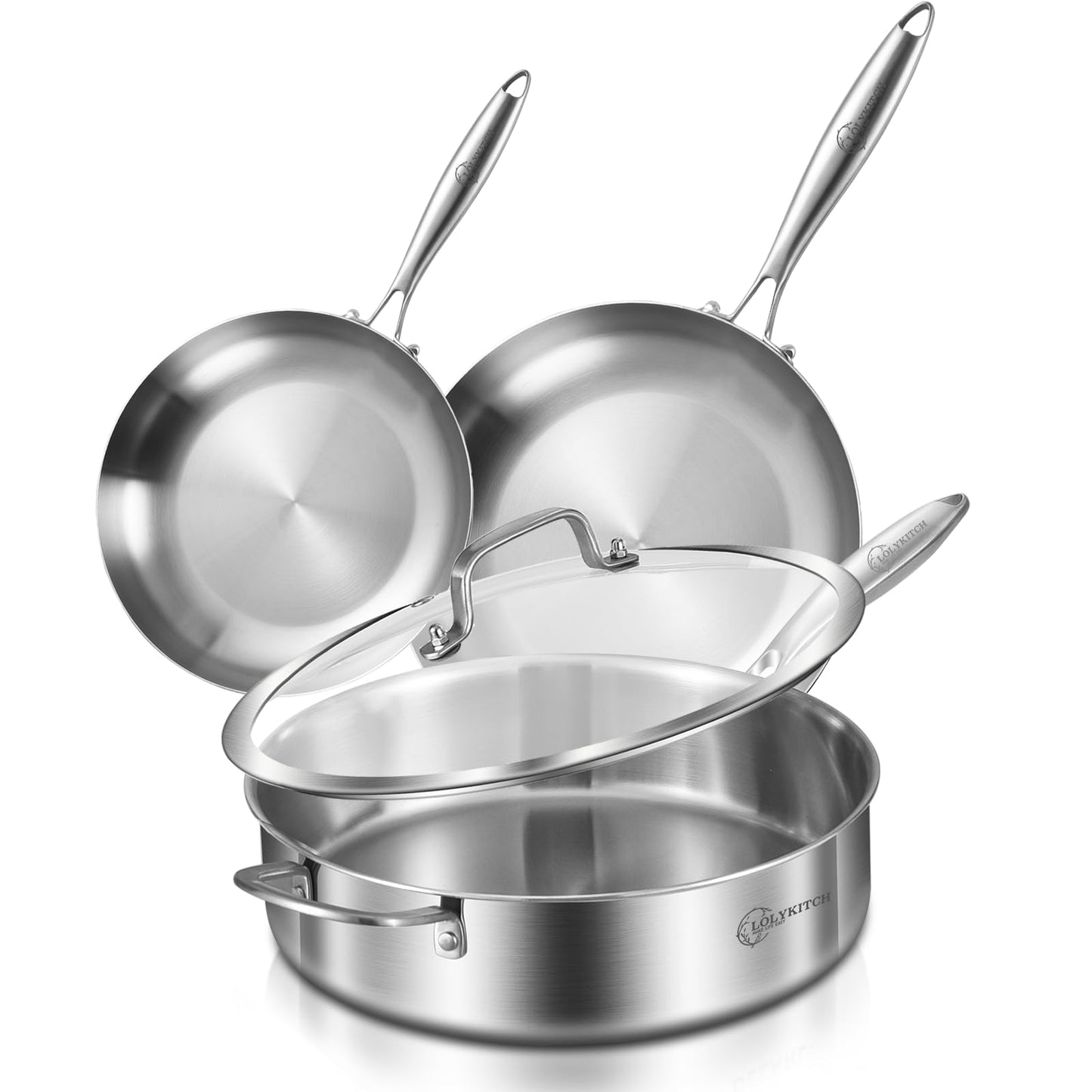 LOLYKITCH 8-10 Inch Tri-ply Stainless Steel Fry Pans and 6 QT Sauté Pan with Lid,Induction Cookware Set,Dishwasher and Oven Safe,Detachable Handle