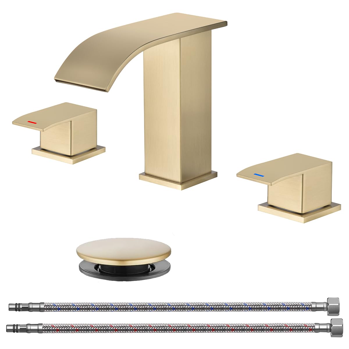 RANDOM Waterfall Bathroom Sink Faucet Brushed Gold 2 Handles 3 Holes SUS304 Stainless Steel Modern Vanity Faucet with Pop up Sink Drain Stopper and cUPC Water Supply Hoses