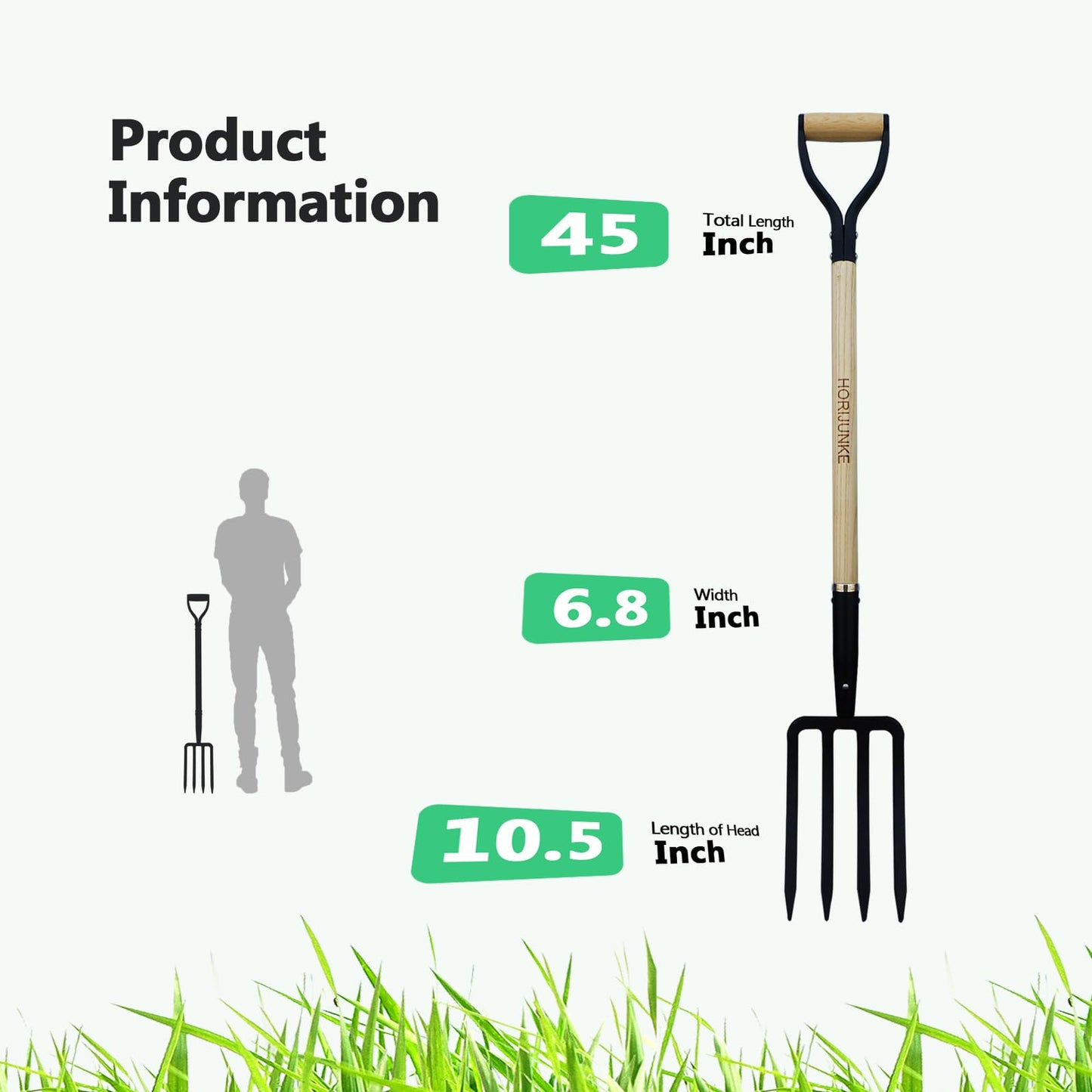 HORIJUNKE Garden Fork,4-Tine Pitchfork,Spading Digging Fork,Forged Steel Y-Grip, Wood Handel,45Inch