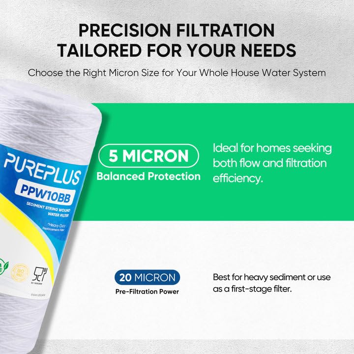 PUREPLUS 5 Micron 10 x 4.5 Whole House String Wound Sediment Filter for Well Water, Replacement Cartridge for 84637, WPX5BB97P, PC10, 355214-45, 355215-45, WP10BB97P, WP5BB97P, 3Pack