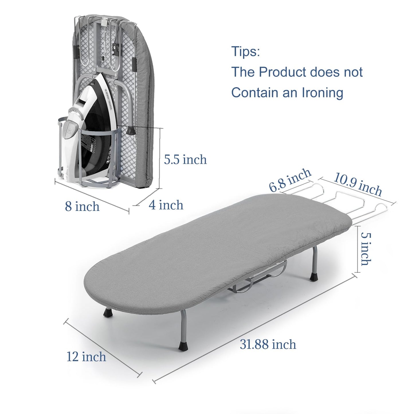 Small Ironing Board with Iron Holder, RAINHOL Countertop Mini Ironing Board Tabletop with Non-Slip Feet, Travel Foldable Iron Table for Small Space, Grey