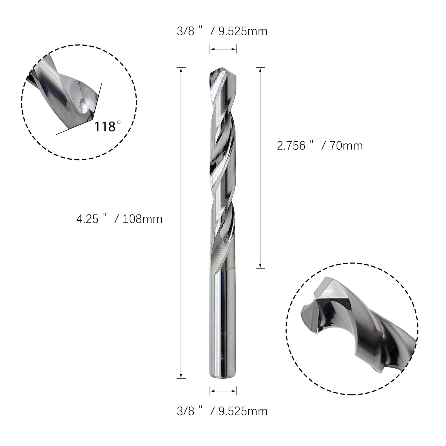 3/8" Solid Carbide Jobber Drill Bits with Straight Shank and 118° Point Angle, Made from Tungsten Carbide Material,1-Pieces