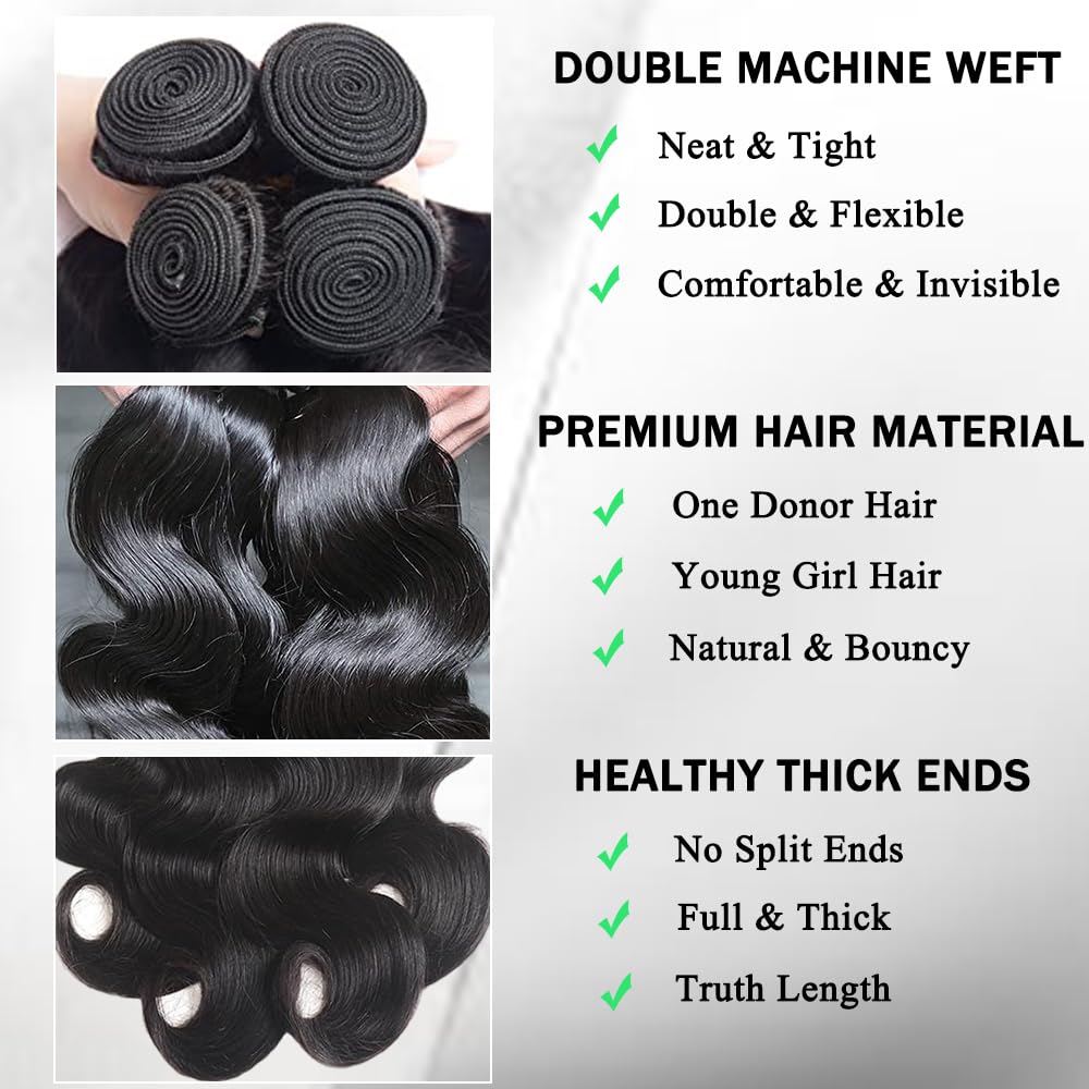 ZGGTL Body Wave Bundles Human Hair 18 20 22 24Inch 4 Bundles 12A Natural Black Bundles Human Hair 100% Brazilian Hair Bundles Quick Double Weft Weave Bundles Human Hair Extensions