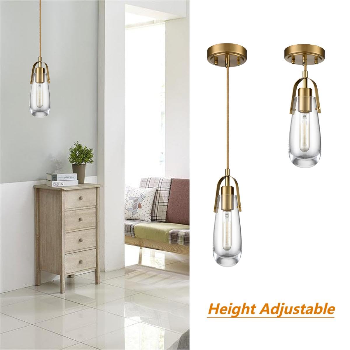 DEYNITE Industrial Home Pendant Light Fixtures Brass Hanging Light with Clear Glass for Kitchen Island