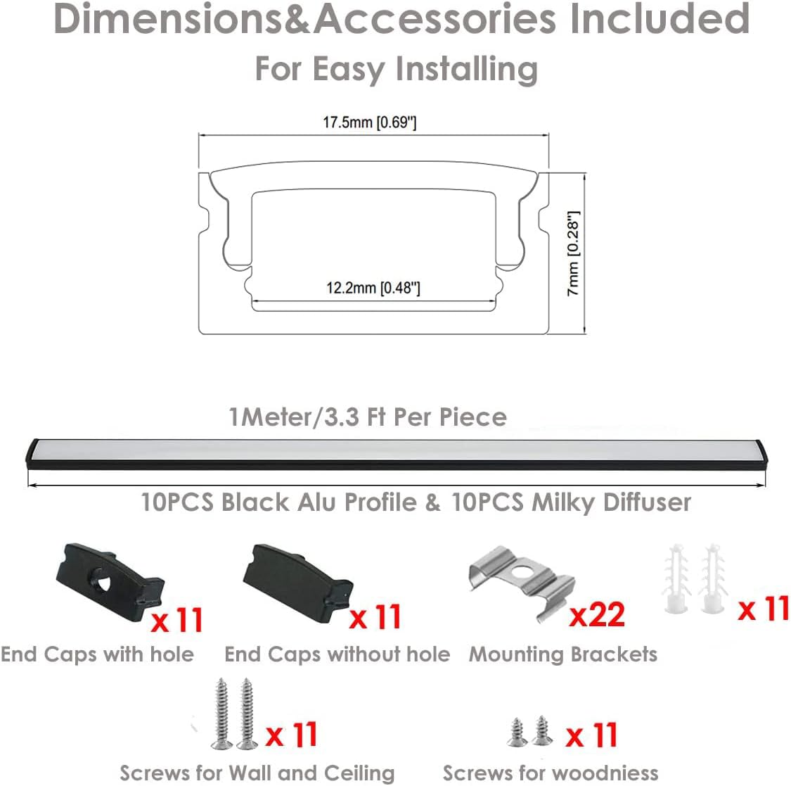 Besseto 10Pack 3.3Ft/1M Black LED Aluminum Channel,LED Strip Light Diffuser Aluminum Channel Profile Housing Extrusion for Under Cabinet Counter and Stairs (Black-10Pack 3.3ft)