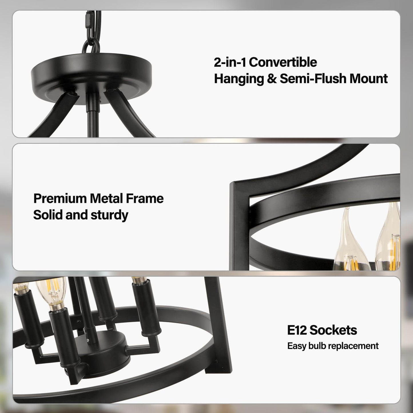 WBinDX 4-Light Farmhouse Chandelier, Modern Hanging Pendant Lighting, Convertible Semi Flush Mount Ceiling Light Fixture Rustic Vintage Black Chandeliers for Dining Room Kitchen Foyer Entryway