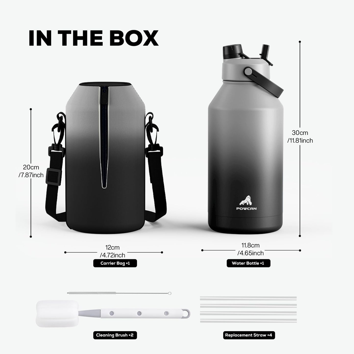POWCAN 64 oz Insulated Water Bottle with 2-in-1 Straw and Spout Lid, Keep Cold 48H, Leakproof, Carrier Bag, Stainless Steel Sport Water Bottle for Men, Fitness, Outdoors, Gym and Travel (Obsidian)