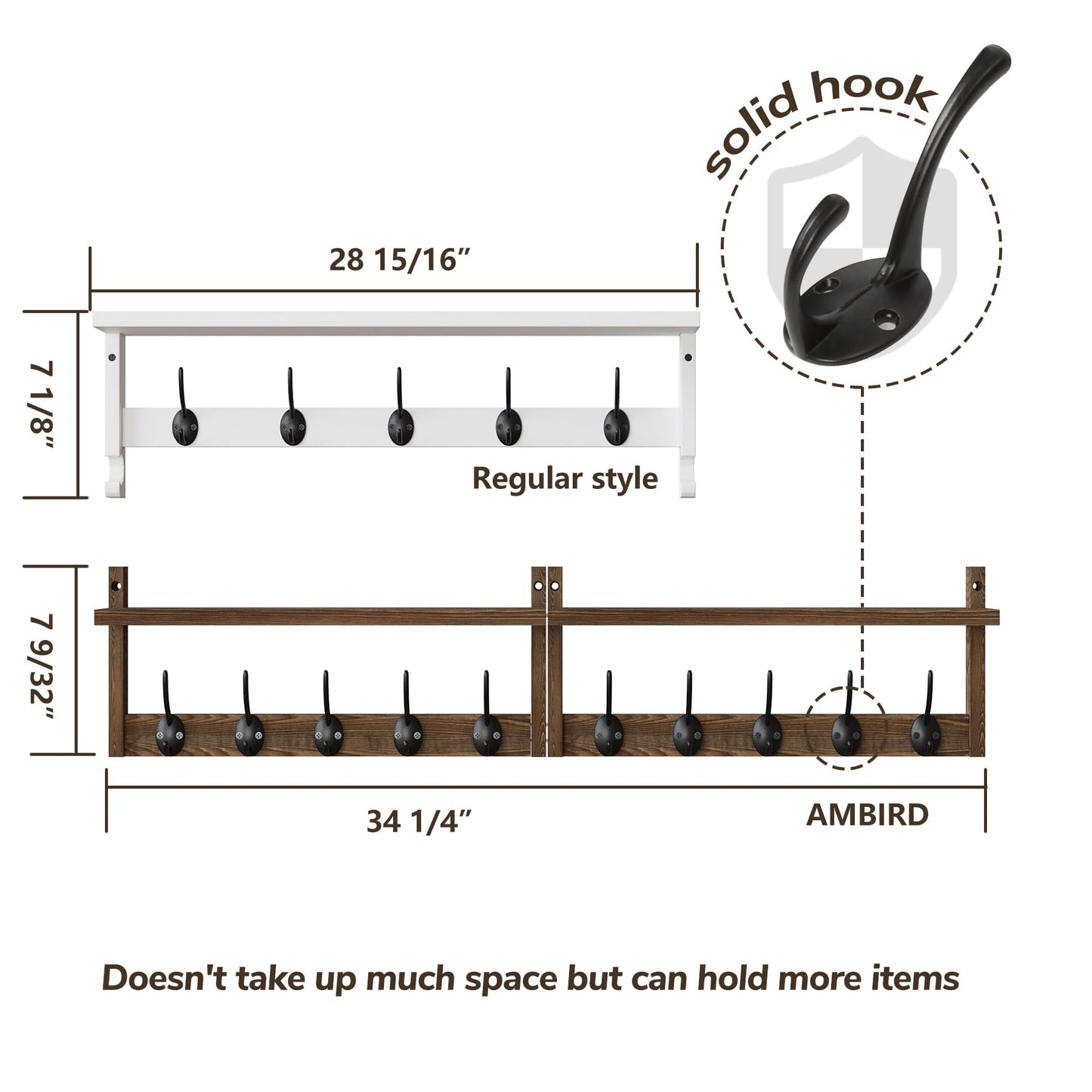 AMBIRD 34.2 inch Wooden Extra-Long Wall Hook Rack with Shelf - Versatile and Decorative Wall-Mounted Storage - 10 Hooks for Hanging Coats, Hats, Scarves - Ideal for Entryways, Bedrooms, Closets