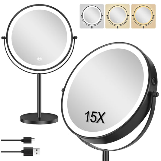 ALHAKIN 9" Lighted Makeup Mirror, 1X/15X Magnifying Mirror with Light Double Sided, Large Size 360°Rotation Makeup Mirror with Magnification, 3 Colors Brightness Adjustable Vanity Mirror